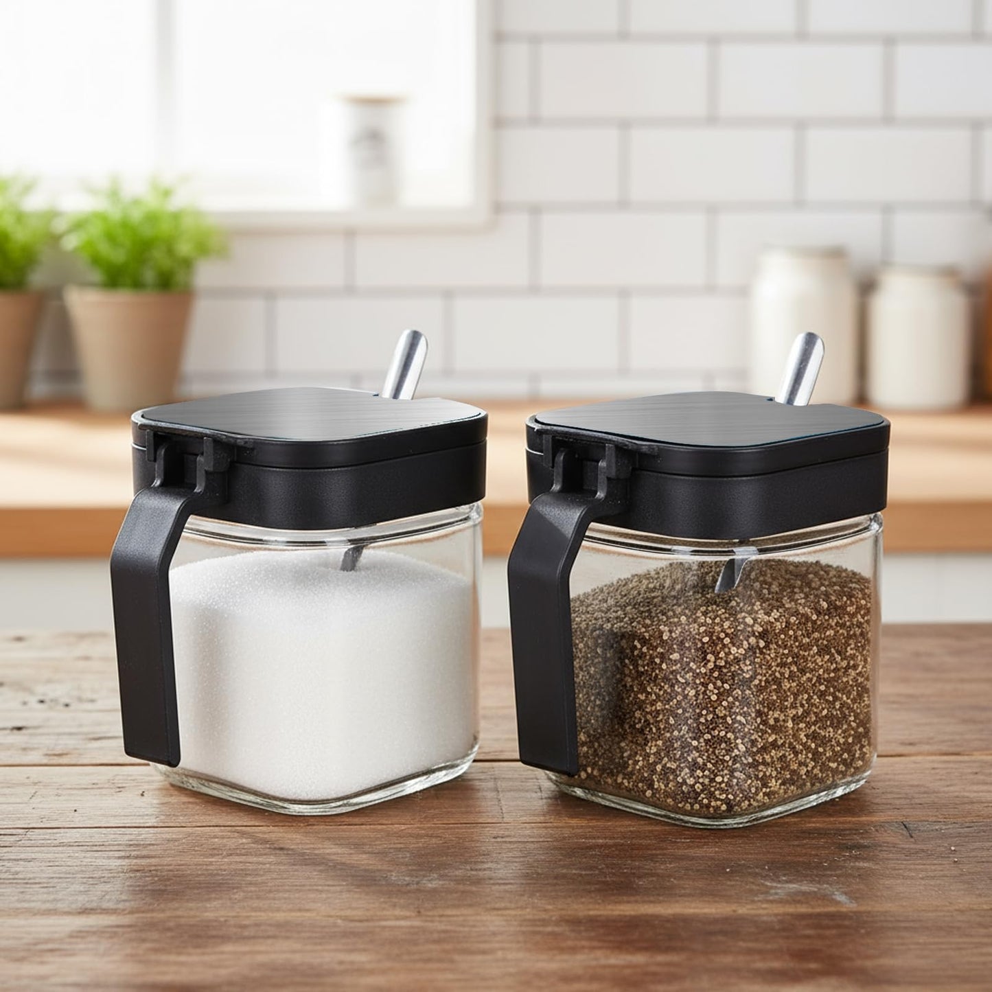 Mowhut Clear Seasoning Containers, 2 Pieces Condiment Containers with Stainless Steel Lids and Spoons, Glass Salt and Pepper Shakers, Sugar Dispenser for Salt Sugar Tea Herbal Coffee Beans
