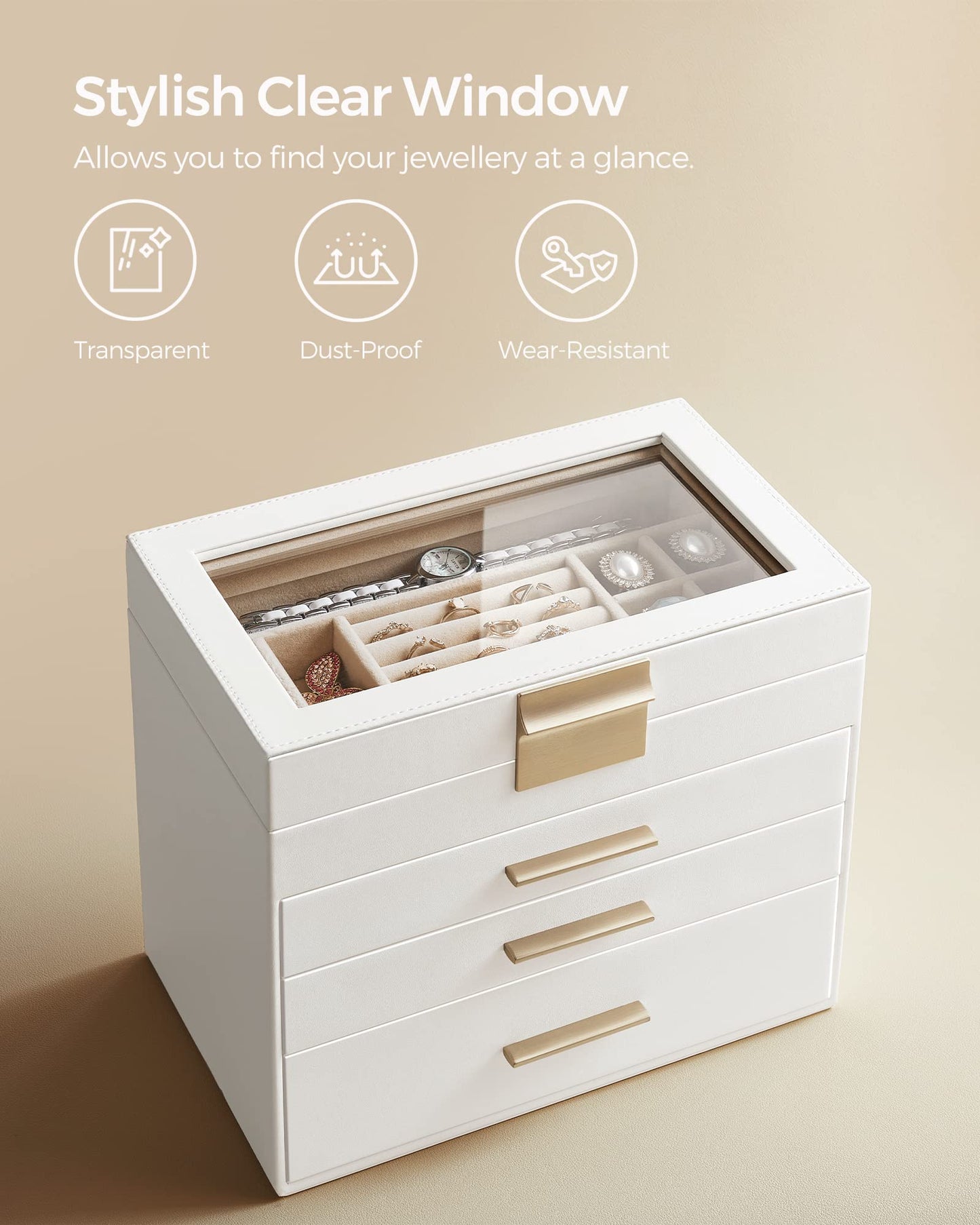 SONGMICS Jewellery Box with Glass Lid, 4-Layer Jewellery Storage Organiser with 3 Drawers, Plenty of Storage, Modern, Gift Idea, 15.3 x 25.1 x 21.5 cm, Cloud White and Gold Colour JBC161W01