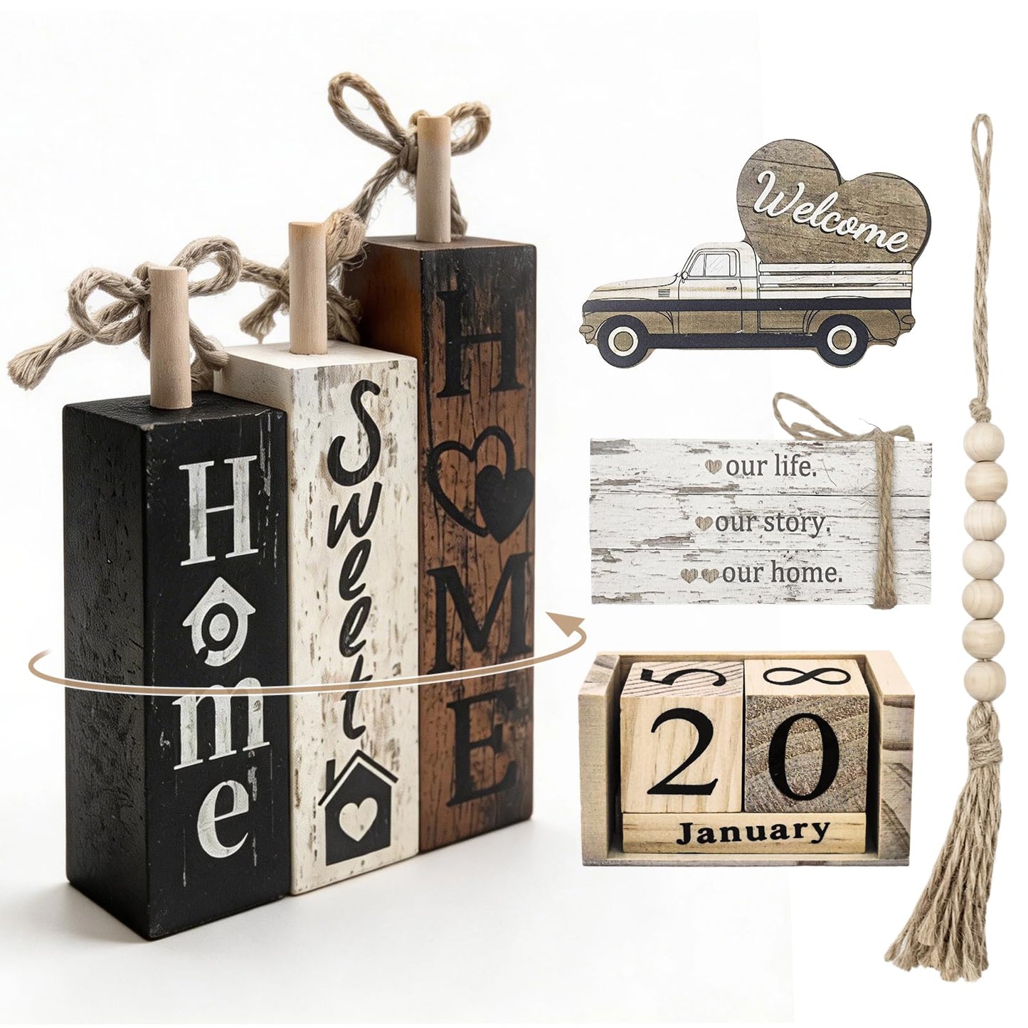 10 Pcs S Double Sided Farmhouse Table Decor Wooden Rustic, Our Home Our Story Life Wooden Book Stack Decor, Home Sweet Home Stacked Blocks Sign for Kitchen Shelf Coffee Table