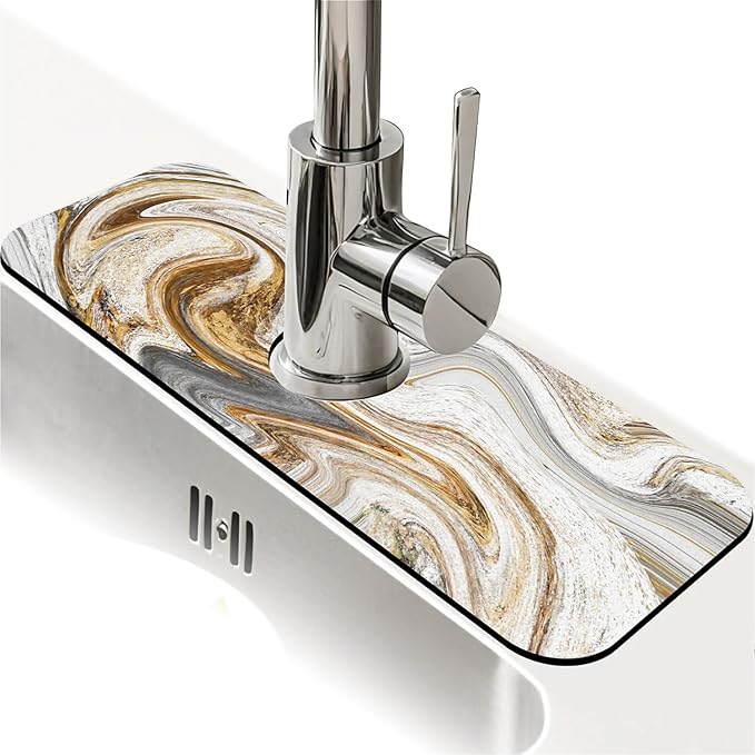 Kitchen Sink Splash Guard，White-grey gold marble Faucet Mat Sink Gadgets-Super