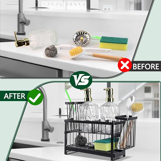 Sponge Holder for Kitchen Sink Organizer Caddy, 2 Tier Dish Brush Scrubber