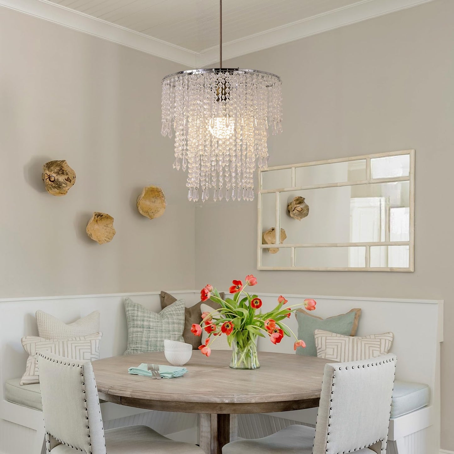 SEEYUAN Acrylic Chandelier Shade Modern Ceiling Light Shade Beaded Pendant Lampshade with Acrylic Beads and Chrome Frame Diameter 11.81 inches