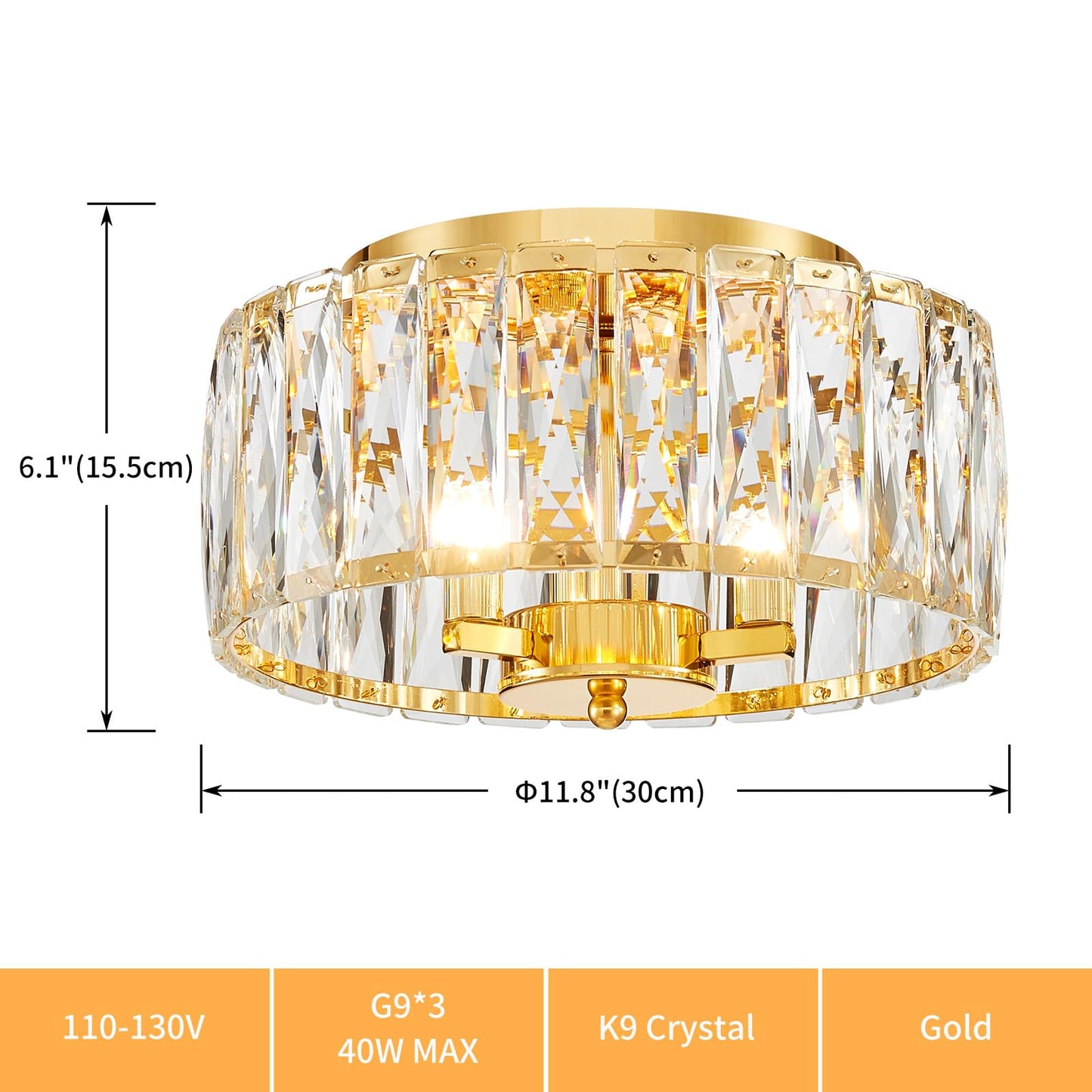 ElegLumi Crystal Ceiling Light, 3-Light Modern Flushmount Ceiling Light for Living Room, Dinning Room Hallway, D12xH9inch, Gold Finish Frame & K9 Crystal