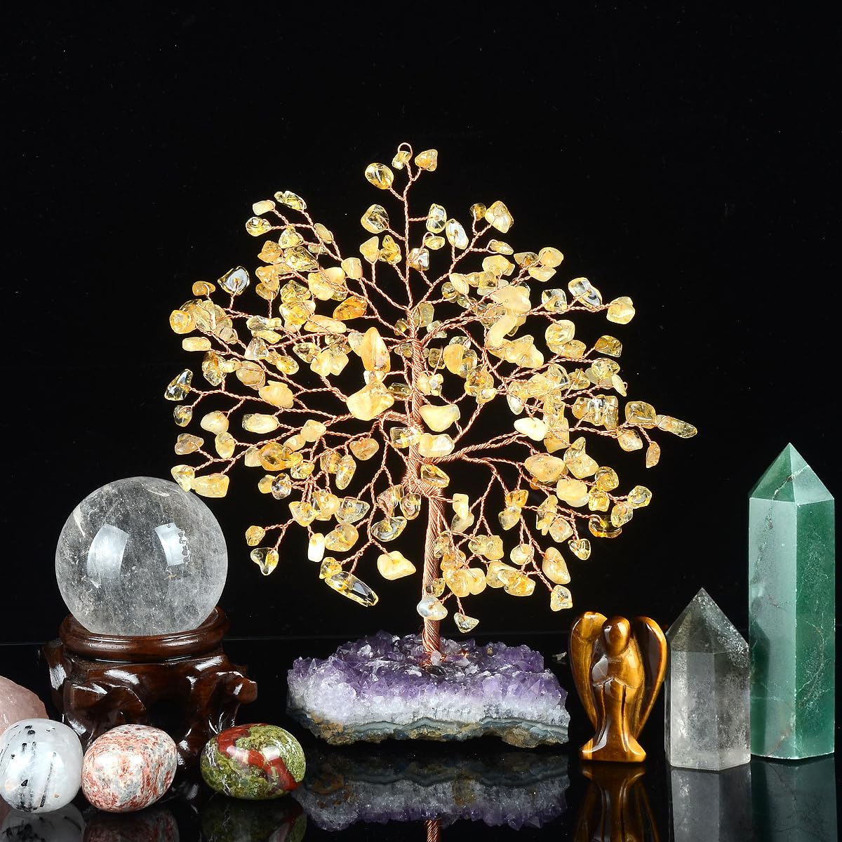 MASGEMES Natural Citrine Crystal Tree with Amethyst Geode Base,Crystal Ornaments Feng Shui Bonsai Money Tree,Chakra Balancing Positive Energy Figurings Decor 5.5"-6.3"