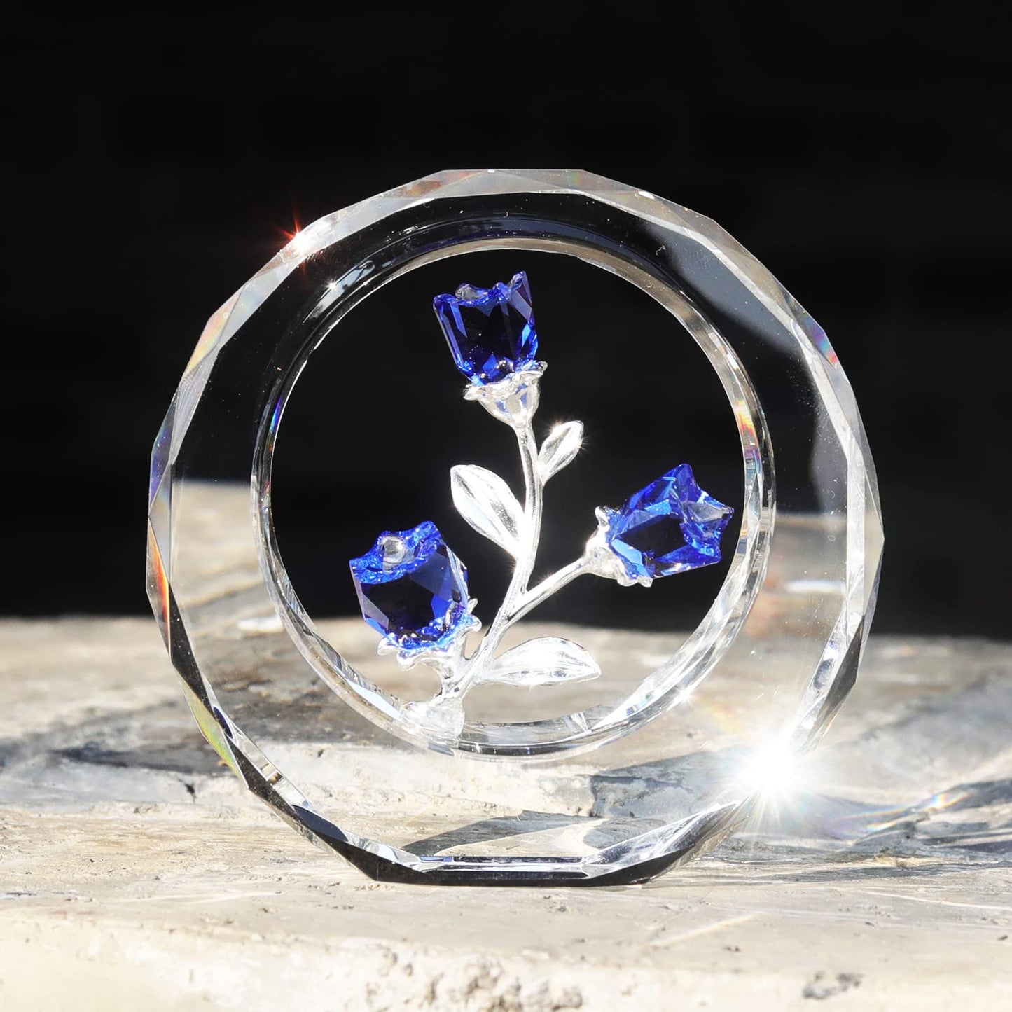 LONGWIN Crystal Tulips Flower Figurines with a Outer Circular Ring, Glass Spring Bouquet Collectible Figurines Home Decor Cobalt Blue