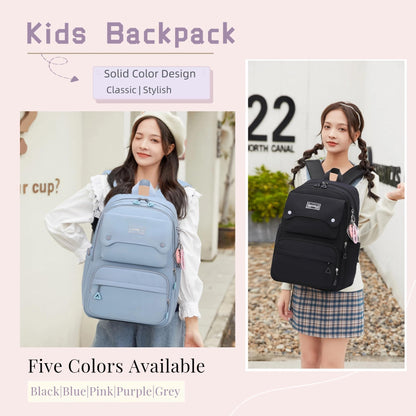Solid Color School-Bags Backpacks for Teens Girls, Multi-pocket Elementary Girls Bookbags,Lightweight Casual Daypack