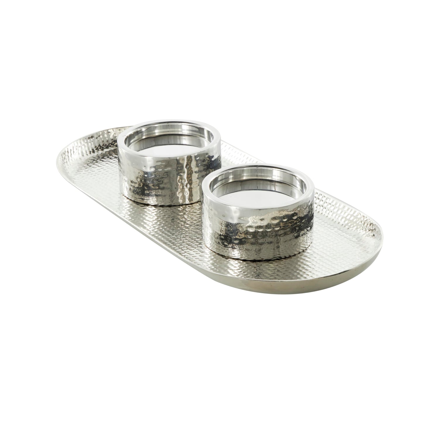 Deco 79 Stainless Steel Metal Decorative Candle Holder Hammered Candle Stand with Oval Tray Plate, Candlestick Holder 16" x 7" x 2", Silver