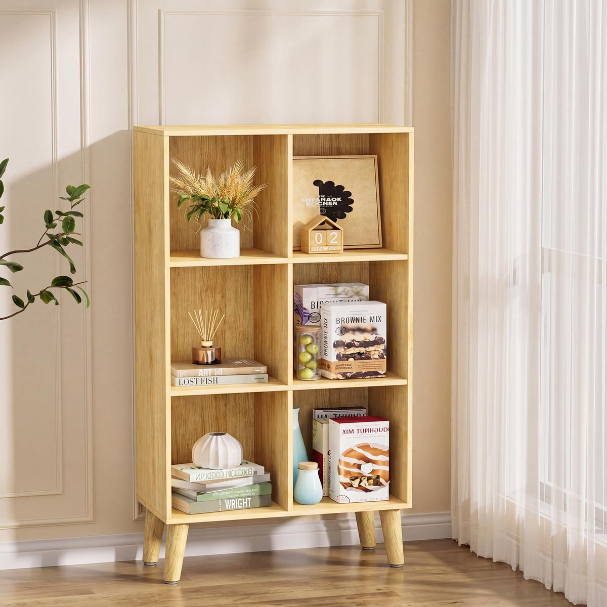 VAFHYLLIS 6 Cube Storage Organizer with Legs, 3 Tier Cube Low Bookcase Freestanding Storage Display Organizer for Home Office, Six-Cubes Open Shelf Bookshelf (Natural Oak, 6 Cube Vertical)