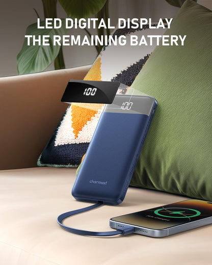charmast Portable Charger with Built in Cables, 10000mAh Slim Power Bank, 15W USB C in&Out Port High Speed Charging External Charger, Battery Pack Compatible with iPhone 16 15 13 Samsung Google iPad