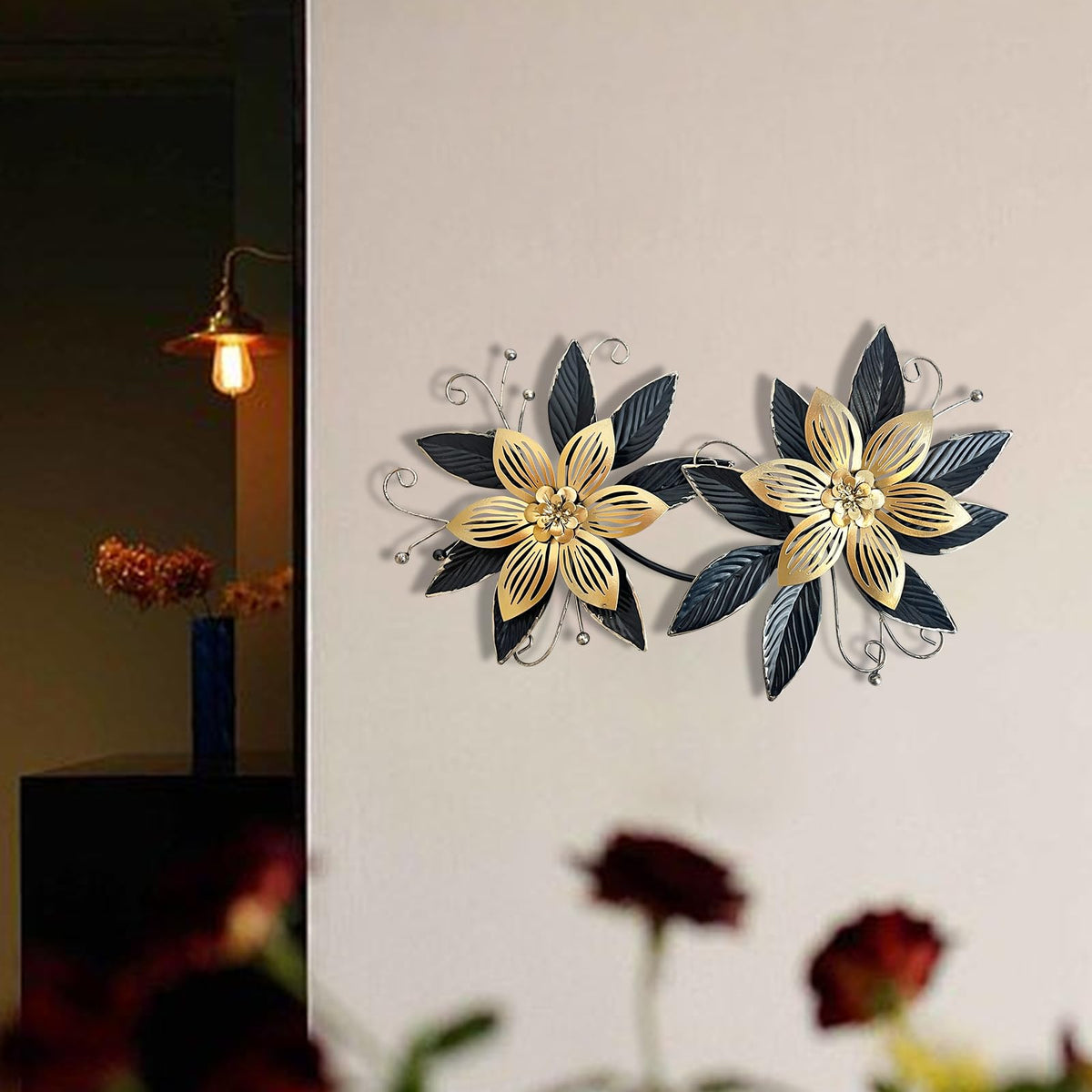 LIFFY Black Wall Decor,15" 3D Multi-layer Metal Flowers Wall Decor, Rustic Modern Floral Sculpture for Indoor Kitchen Bedroom Living Room Office Outdoor Garden Patio