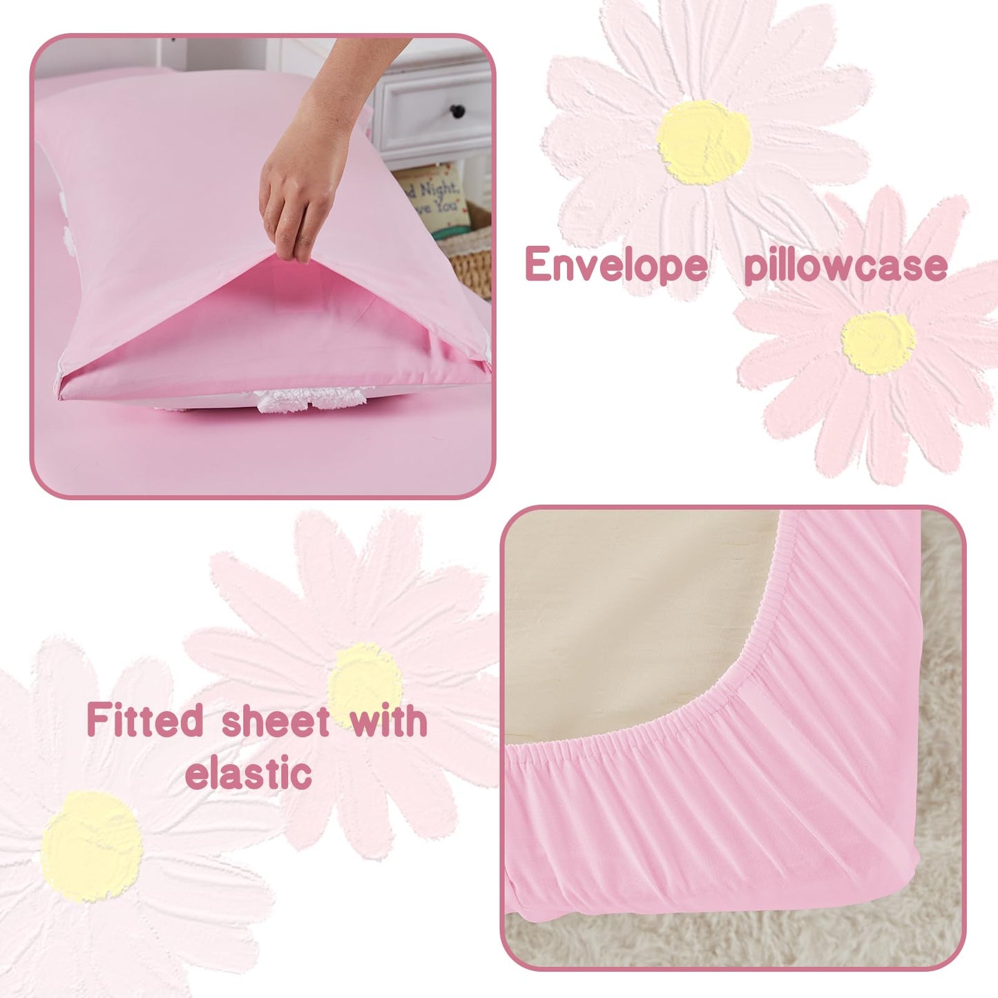 CotComf Toddler Bedding Set for Girls 4-Piece Pink Boho Tufted Daisy Flowers Toddler Comforter Set Bed-in-a-Bag Toddler Sheets Bedroom Set with Toddler Comforter, Flat Sheet, Fitted Sheet, Pillowcase