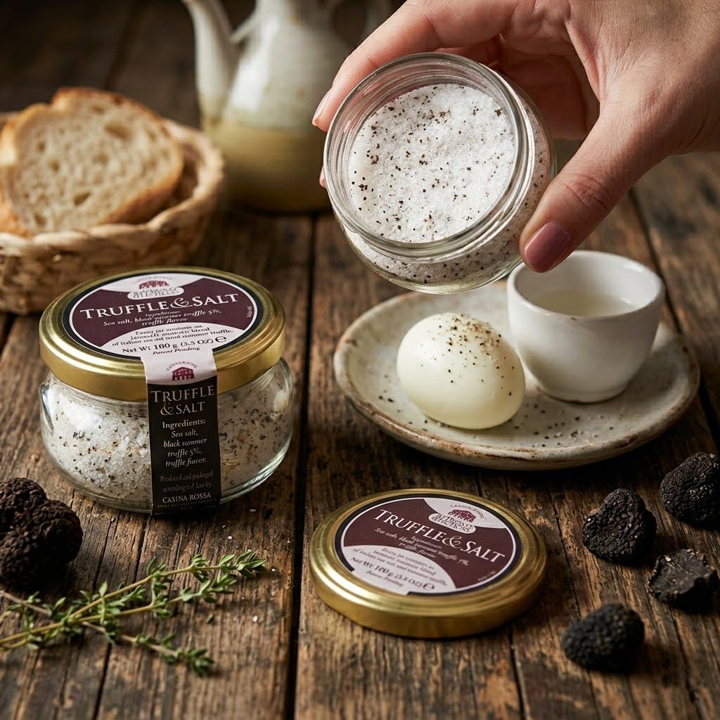 Casina Rossa Truffle & Salt, 3.5 oz (100g) Jar - Italian Sea Salt with Dried Black Summer Truffle for Seasoning, Finishing & Cooking