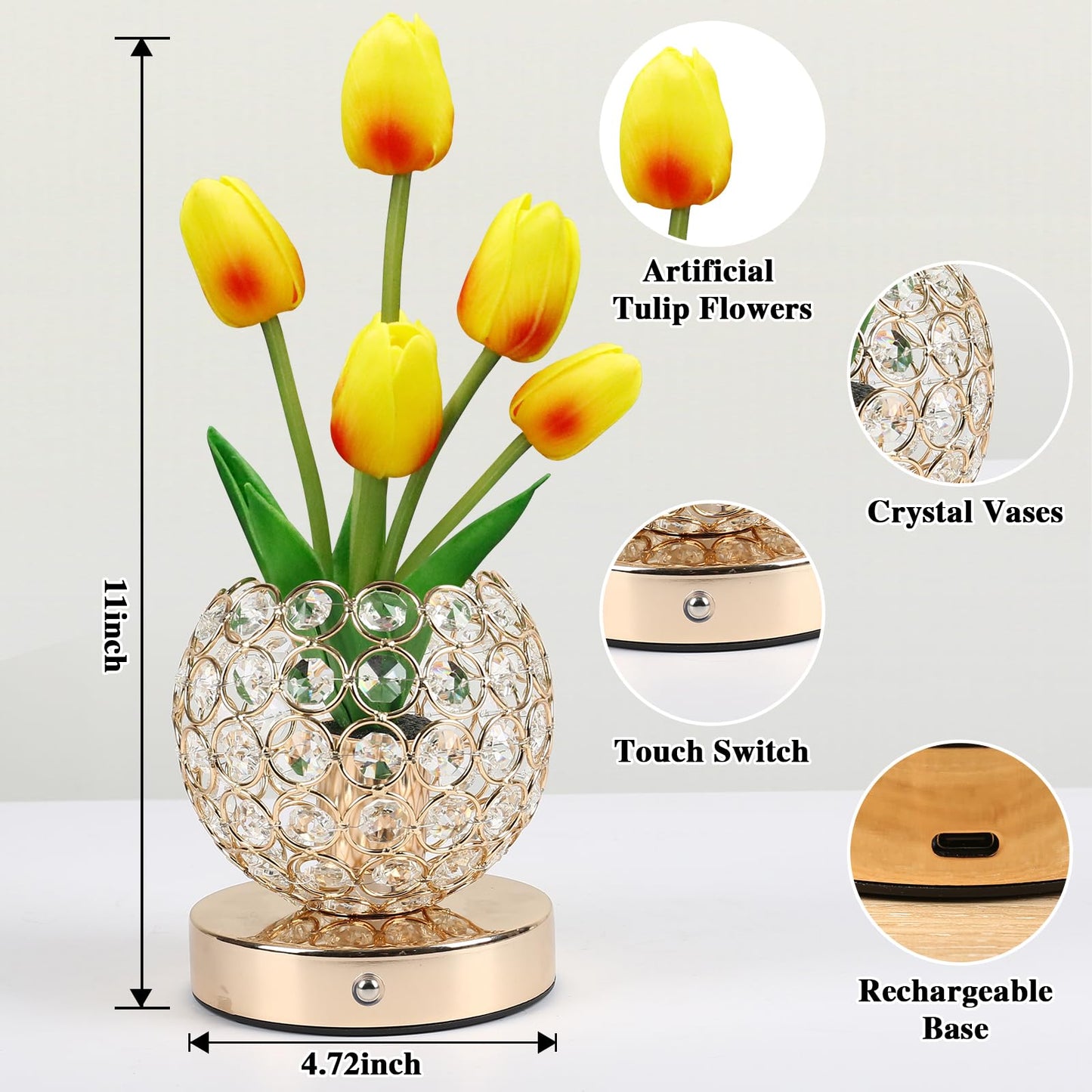 Birthday Gifts for Women Mothers Day Gifts For Mom Table Lamp, 3 Color Crystal Flower Bedside Lamps Infinitely Dimming with USB Charge Small Night Light,Nightstand Touch Lamp for Bedroom (gold-tulip)