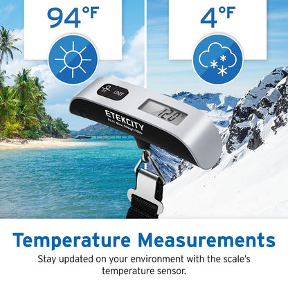 Etekcity EL11 Luggage Scale, Digital Portable Handheld Suitcase Weight for Travel with Rubber Paint, Temperature Sensor, 110 Pounds, Battery Included, Silver