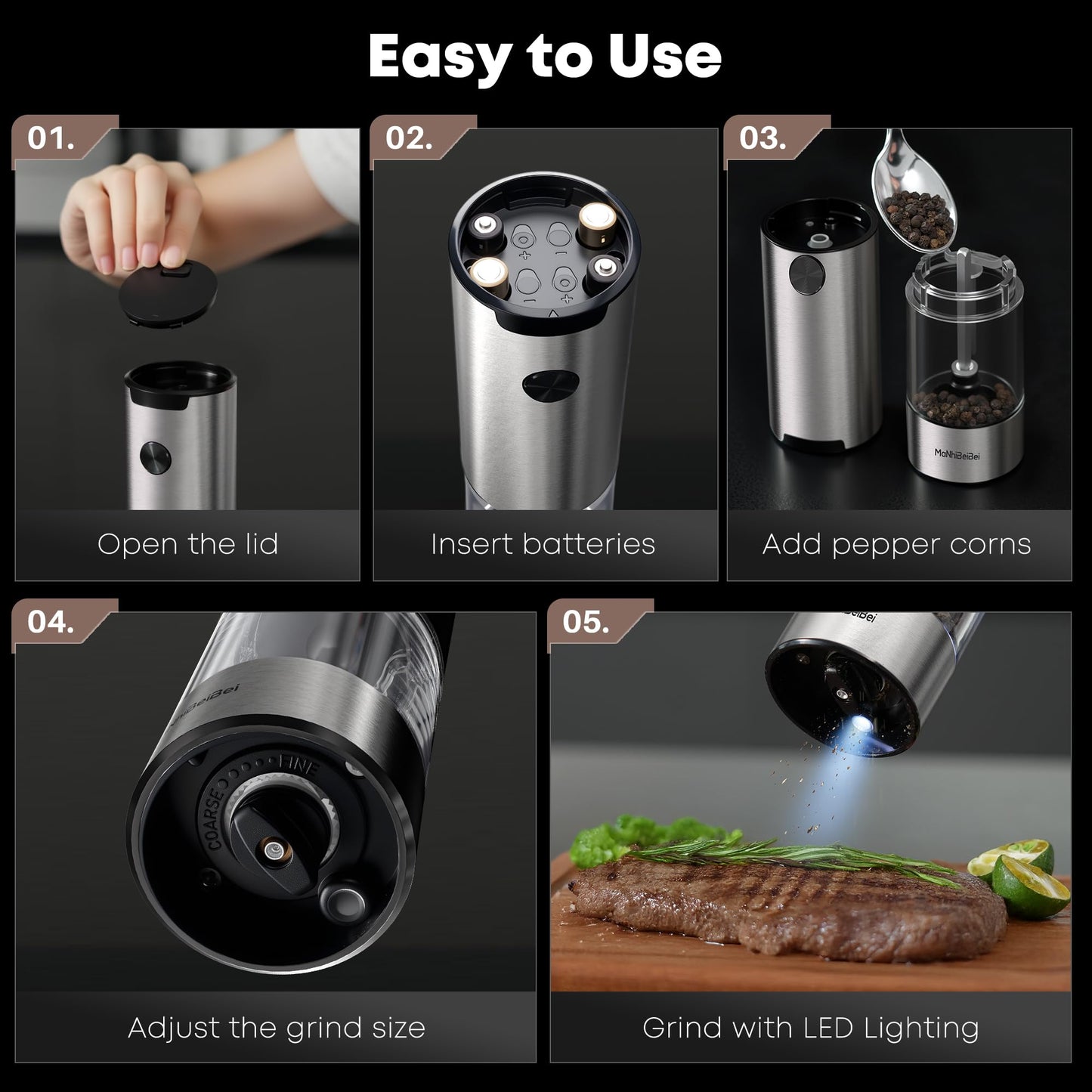MaNhiBeiBei Electric Salt and Pepper Grinder Set - One-Hand Operated, Adjustable Coarseness, Ceramic Burrs, LED Light, Stainless Steel, Housewarming Gift (2 Pack)