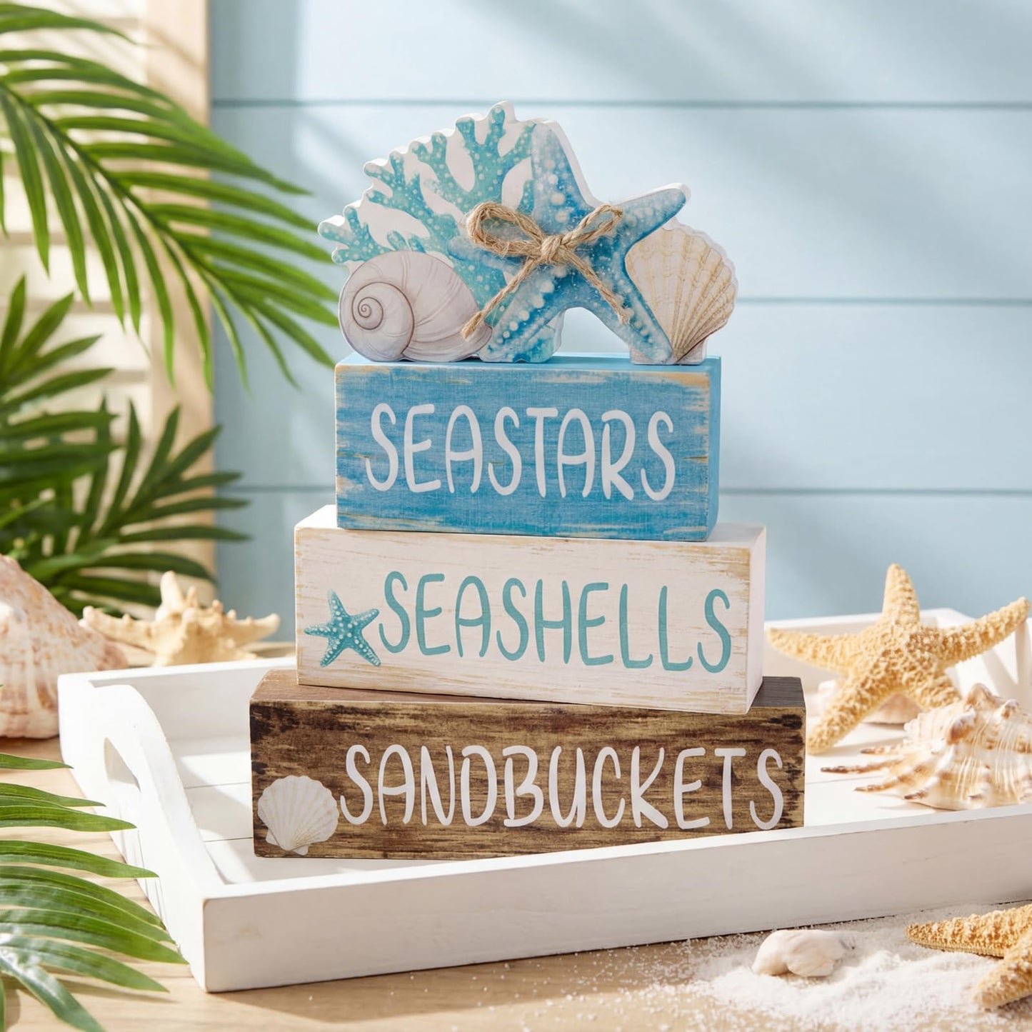 Beach Coastal Wooden Table Centerpieces Decorations for Home, Summer Ocean Blue and White Tabletop Signs Under the Sea Tiered Tray Sea Shell Party Decor for Mantel