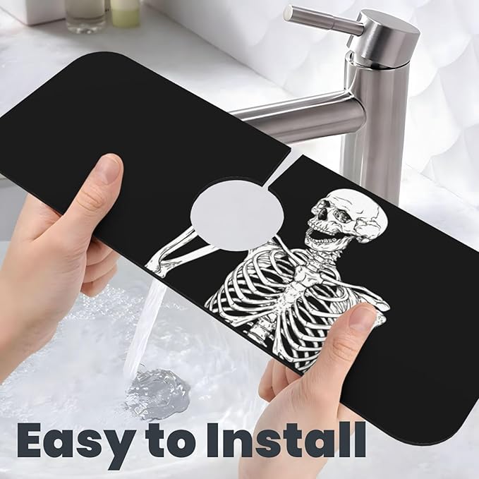 Black Funny Skull Human Skeleton Halloween Kitchen Sink Splash Guard Faucet Mat