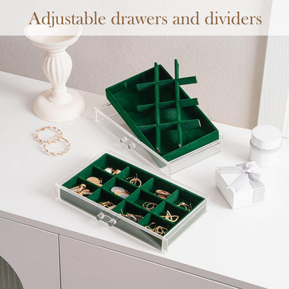 Lolalet Earring Holder Organizer Box Jewelry Storage with 4 Drawers, Clear Acrylic Stackable Earring Case with Adjustable Velvet Trays for Women on Dresser Vanity -Emerald, 4 Layers