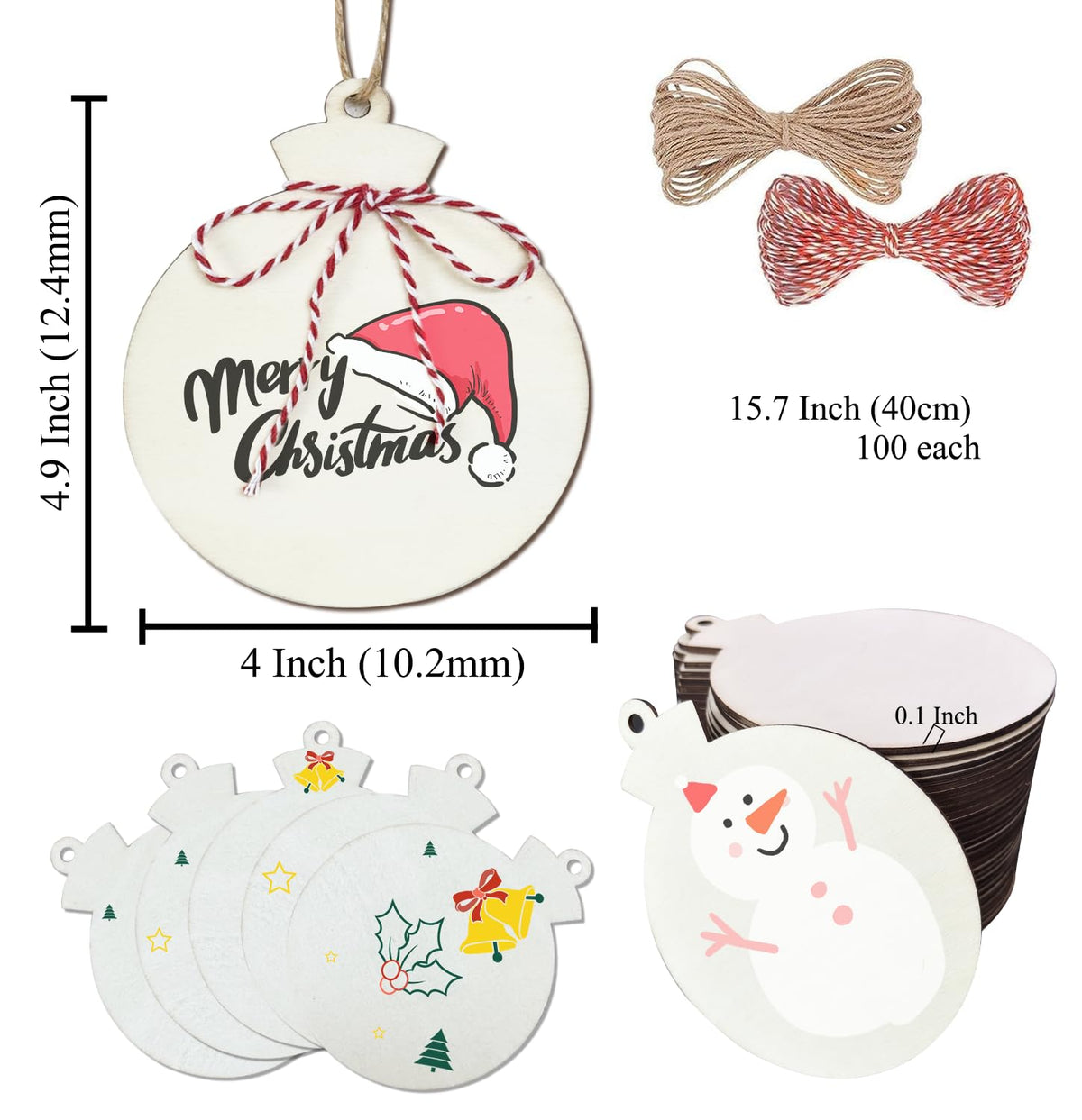 FCDECOR 4.9" 100PCS Christmas Wooden Ornaments Unfinished, DIY Christmas Crafts for Kids Wood Slices DIY Crafts Supplies for Girls Adults, Xmas Ornaments Holiday Decoration