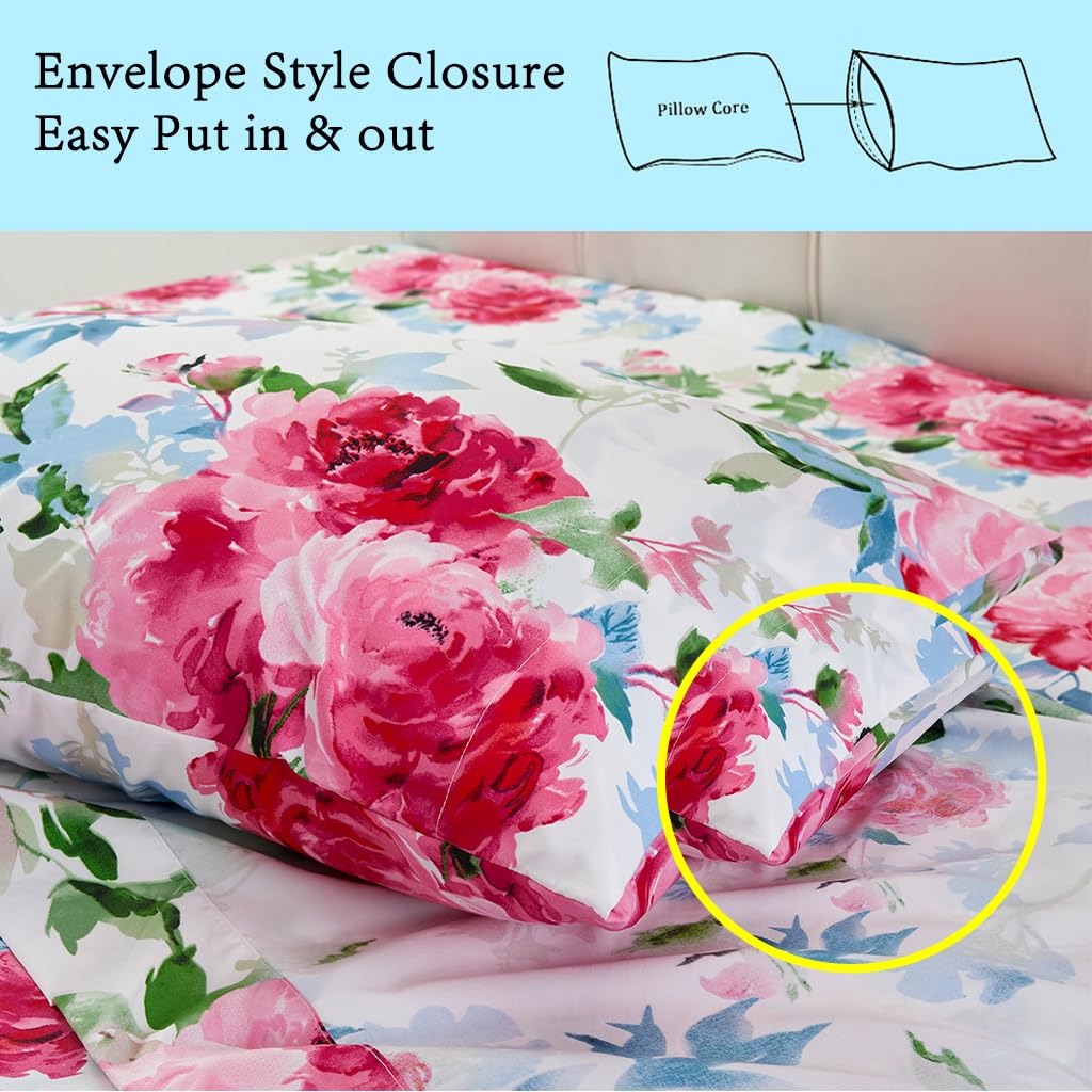 JSD Watercolor Rose Floral Sheet Set Full Size, 4 Piece Soft Printed Microfiber Sheets Extra Deep Pocket