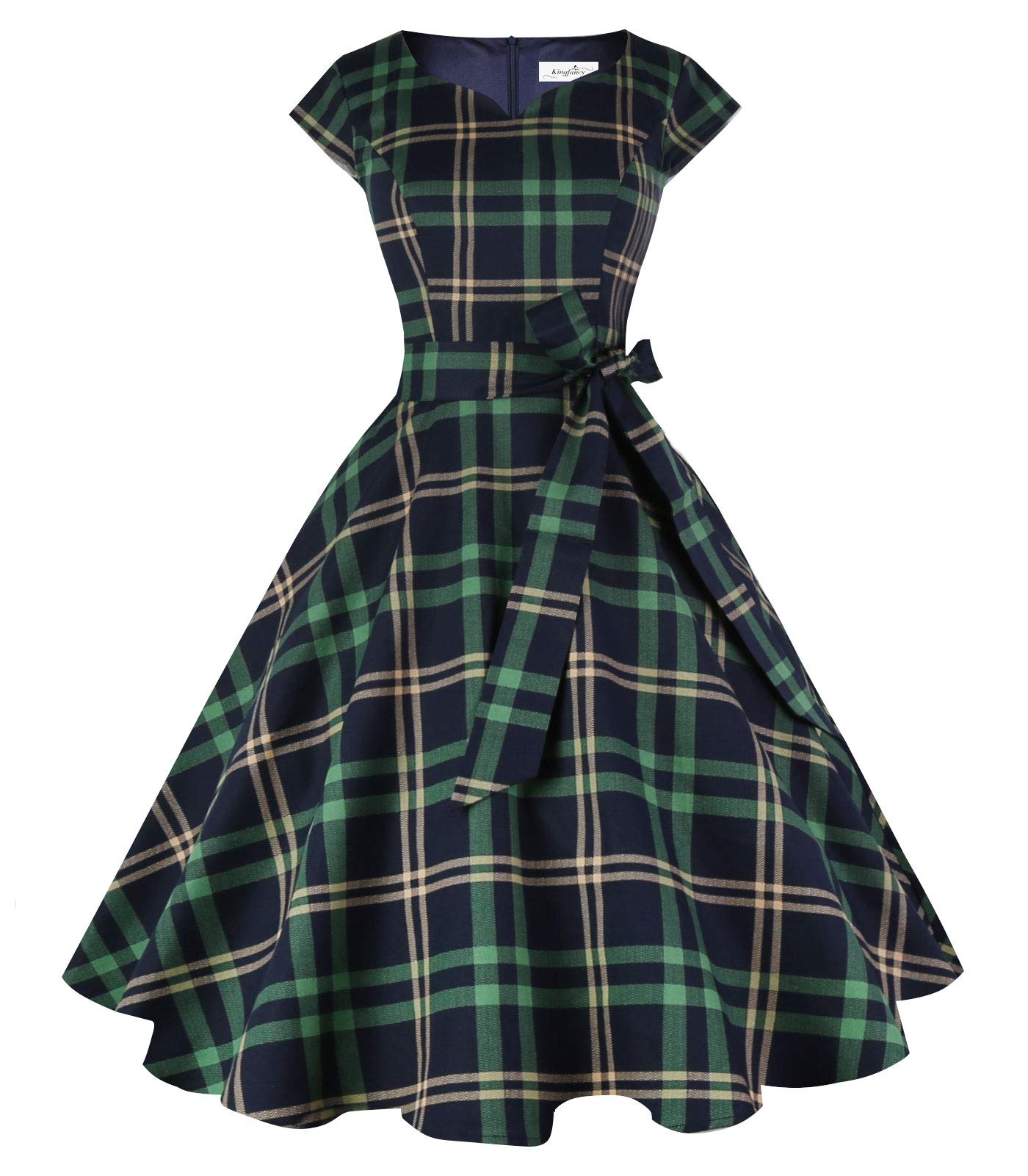 Kingfancy Women Vintage 1950s Dress Retro Cocktail Party Swing Dresses with Cap Sleeves Green Plaid M