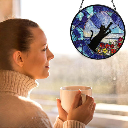 7.9" Stained Glass Window Hanging, Cute Black Cat & Wild Florals Suncatcher Diamond Glass Panel Hanging Home Decor Indoor Outdoor