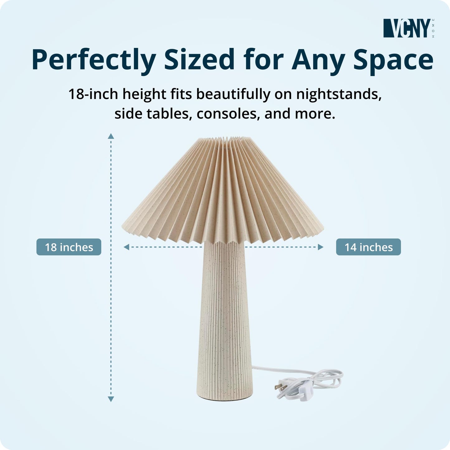 VCNY Home 18" Ivory Ceramic Table Lamp | Pleated Fabric Shade & Cylinder Base | Modern Accent Lamp for Living Room, Bedroom, or Entryway | Elegant Neutral Design | Requires 1 x 60W Max Light Bulb