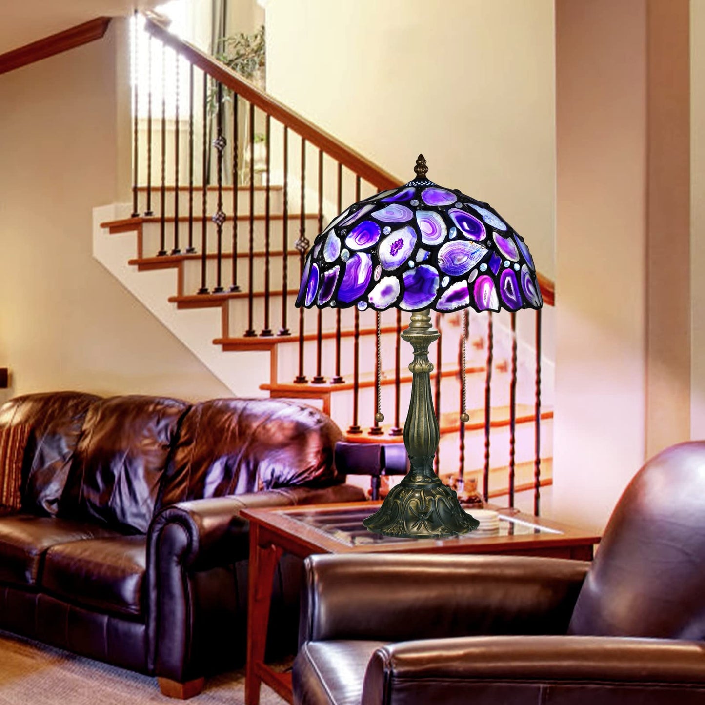 Nizrsky Tiffany Style Table Lamp, Agate Slice Stained Glass Lamp 12X12X19 Inches Tiffany Lamp Bedside Nightstand Desk Reading Light Decor Bedroom Living Room Home Office(LED Bulb Included) (Purple)
