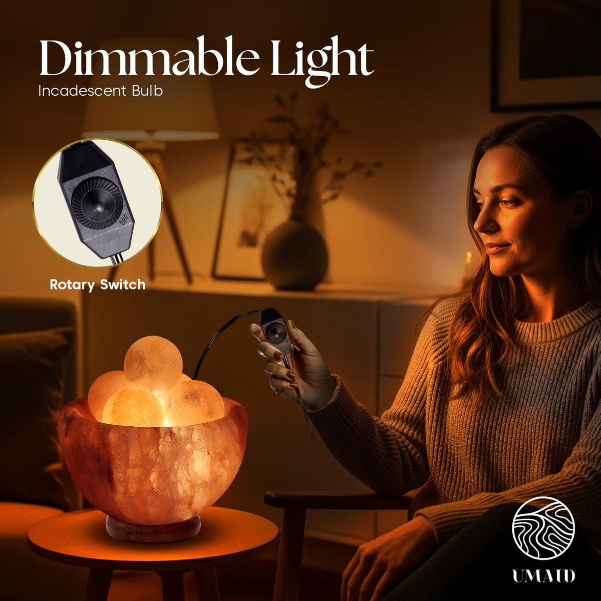 UMAID Himalayan Salt Lamp Bowl with 6 Massage Balls, Mothers Day Gifts for Mom, Dimmable Pink Rock Salt Lamp Light, Unique Home Decor for Bedroom, Spa Relaxation & Meditation