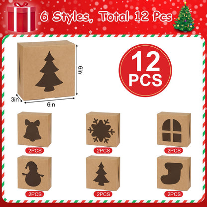 12 PCS Christmas Cookie Boxes, 6×6×3 Inches Treat Boxes Tin, Small Pastry Boxes with Window, for Gift Giving Packaging Dessert Bakery Cupcake Baked Goods (Brown)