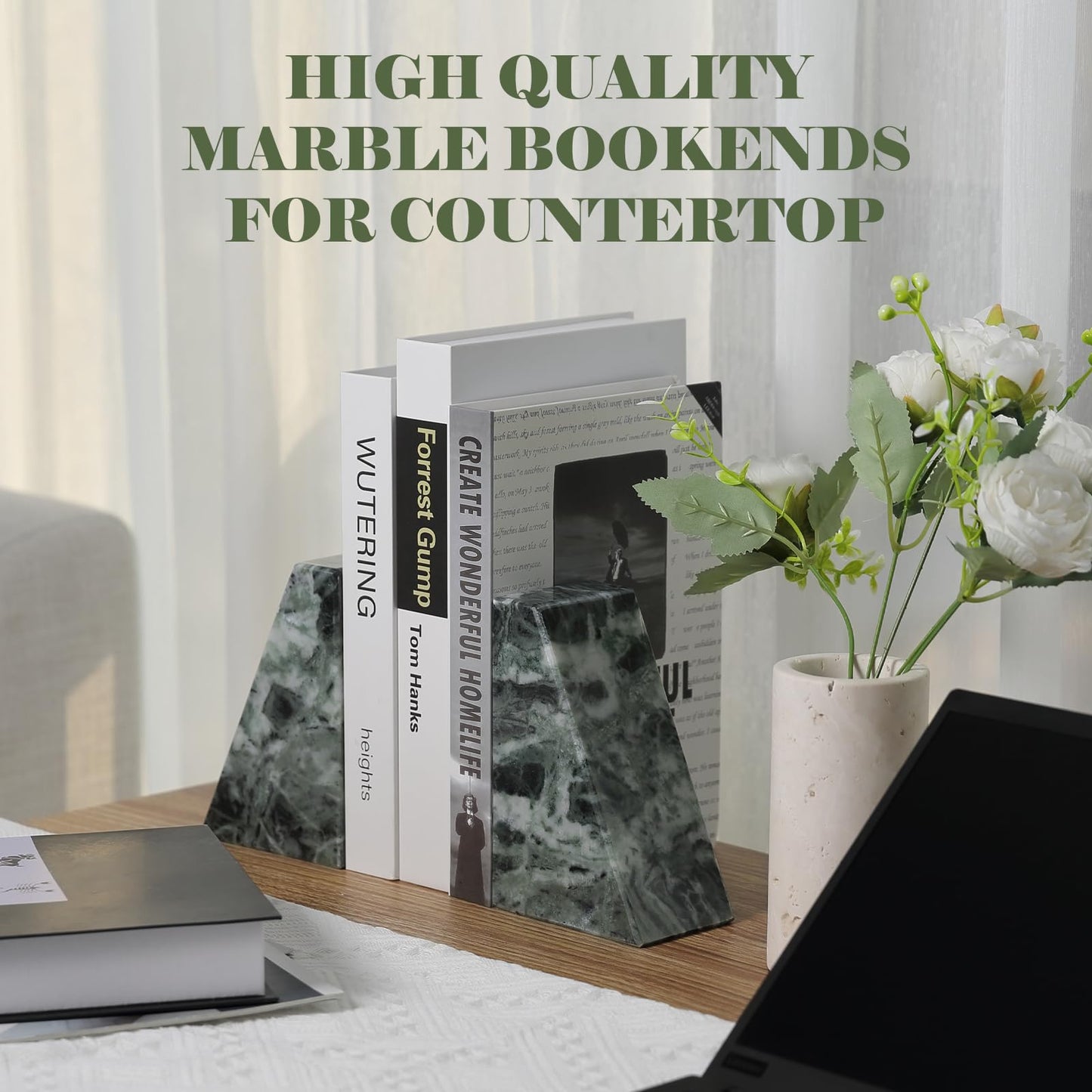 Karibiber Marble Bookends for Heavy Books, Decorative Bookends for Shelves, Green Stone Book Ends, Heavy-Duty Book Ends for Hardback Book & Cookbooks, Unique Book Stopper & Holder, Set of 2