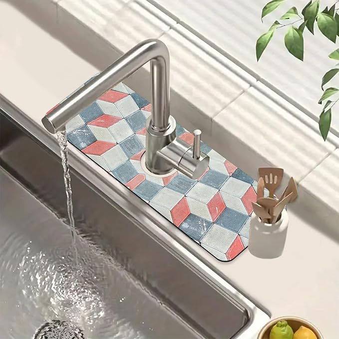 Red Gray Tile Sink Splash Guard Faucet Mat Red White Diamond Super Absorbent