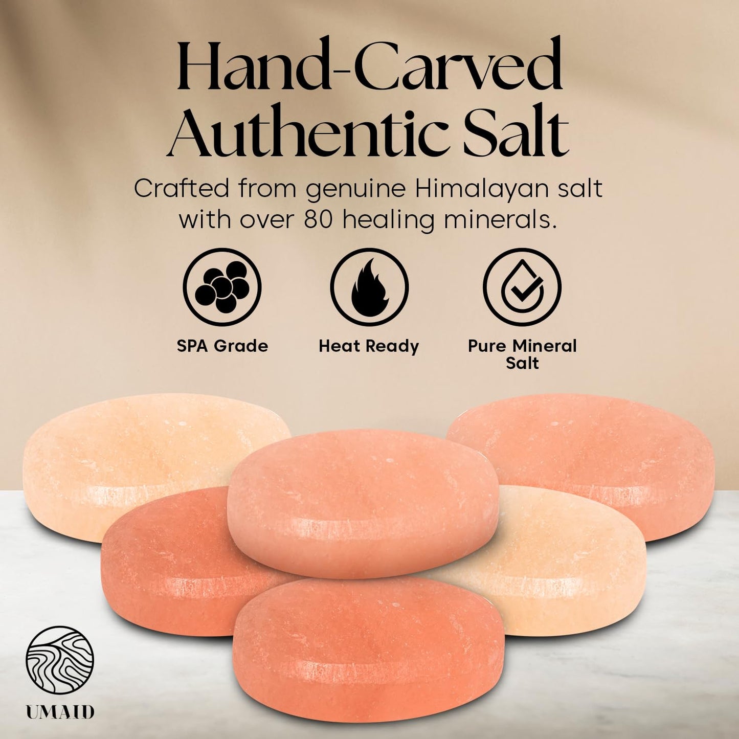 UMAID Himalayan Salt Massage Stones 6-Pack – Pink Crystal Spa Stones with Cotton Mesh Bag for Relaxation, Self-Care, Meditation & Wellness, Unique Spa Gifts for Men & Women