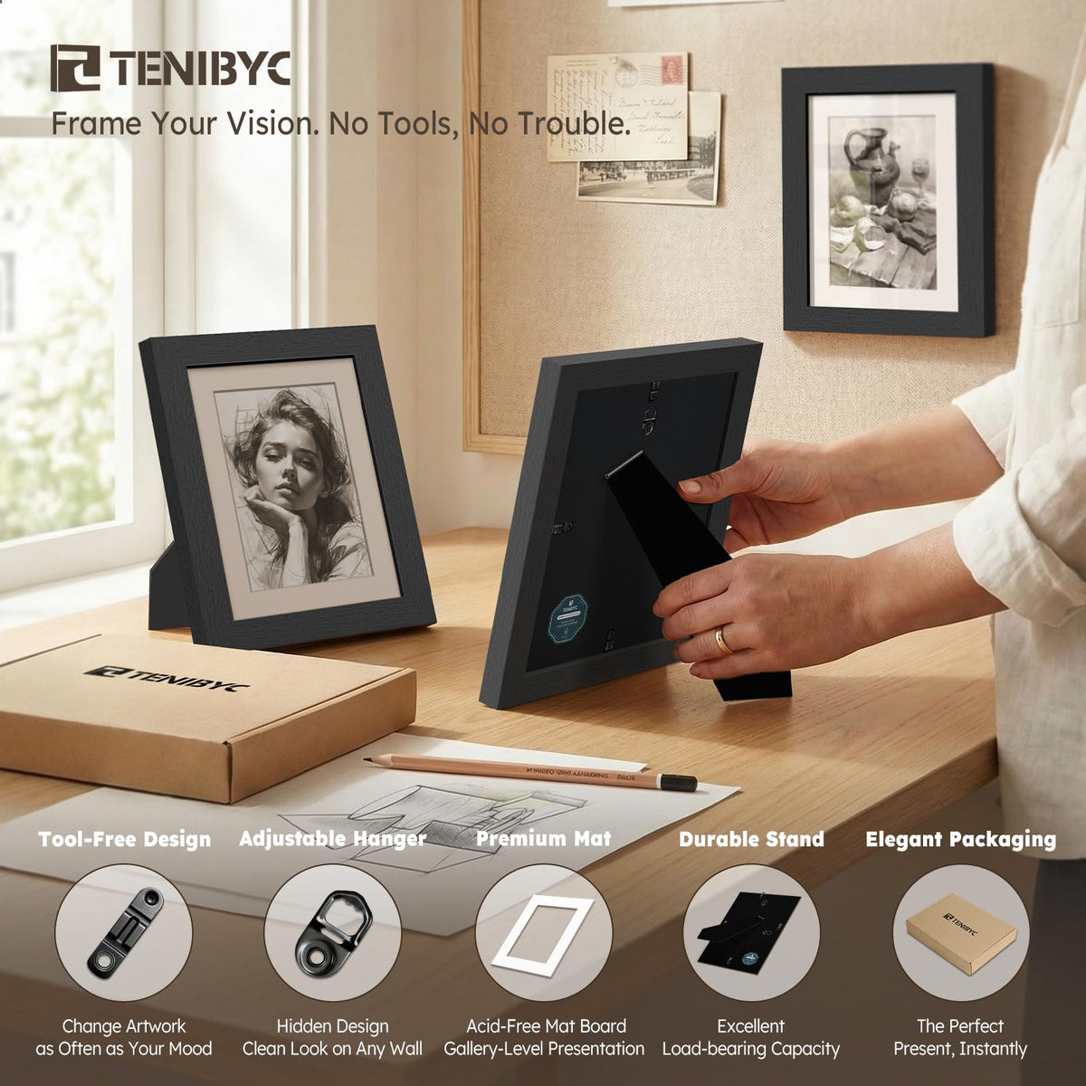 TENIBYC 5x7 Picture Frame Set - 6 Pack, Black Solid Wood Photo Frames - Tempered Glass - Displays Photos 4x6 with Mat or 5 x 7 without - Room, Office, Gallery, and Hallway Decor - Wall Hanging