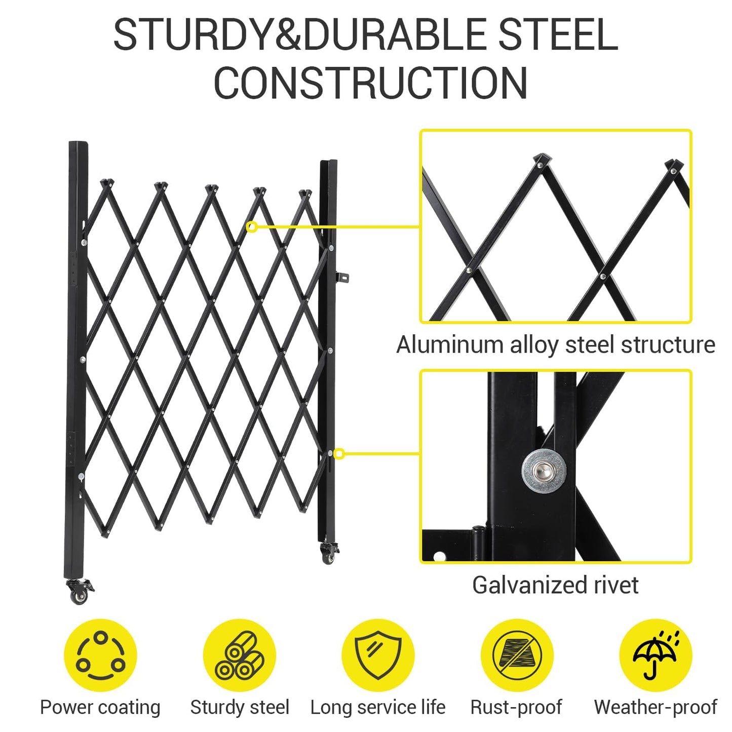 Single Folding Security Gate – 63.4" H × 70" W, Heavy-Duty Steel Scissor Gate with 360° Casters, Lockable Retractable Barricade for Courtyards, Garages, Pools & Gardens