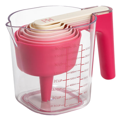 Paris Hilton 9-Piece Measuring Set, Durable Plastic Measuring Cups and Spoons With Funnel and Leveler, Dishwasher Safe, Pink