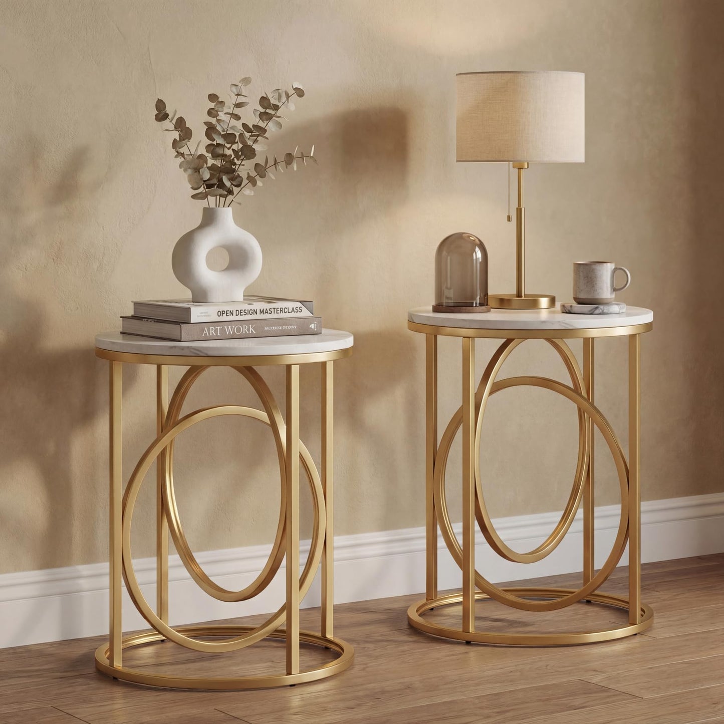 LITTLE TREE 20” Round End Table，Modern Sofa Side Table with Gold O-Shaped Base, Faux Marble White Cocktail Table Accent Table Nightstand for Living Room Bedroom, 2PCS
