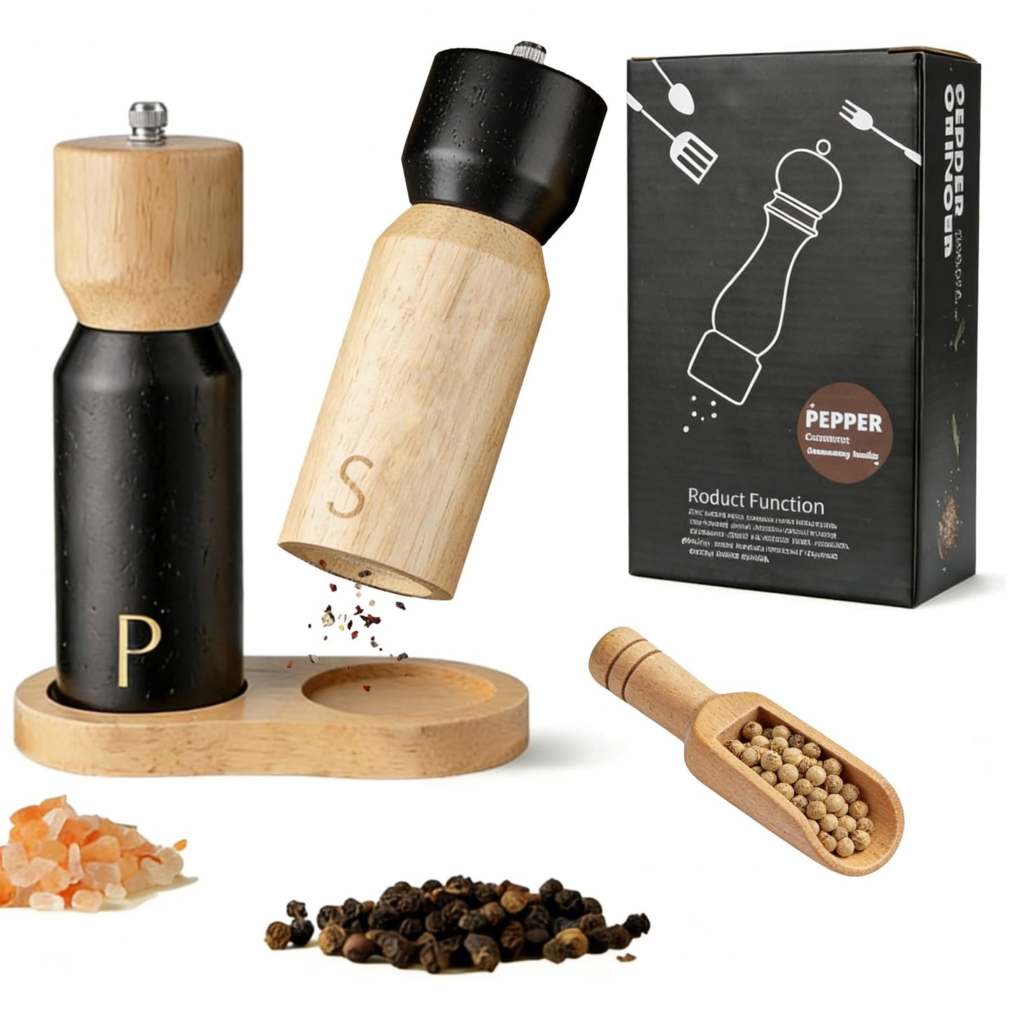 GCFTIFF Wooden Salt and Pepper Grinder Set, Refillable Salt & Pepper Mills Shakers,Manual Pepper Mill Made of Rubber Wood with Adjustable Ceramic Steel Core,with Wooden Stand & Spoon (2pcs 6.5 inches)