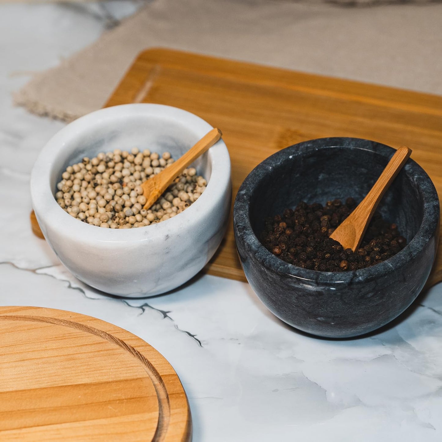 Sugar Bowl with Lid, Marble Sugar Container with Natural Acacia Wood, Salt Cellar with Lid, Sugar Jar, Salt Container, DIY Stickers & Dry Erase Markers, Elegant Design, Large Capacity