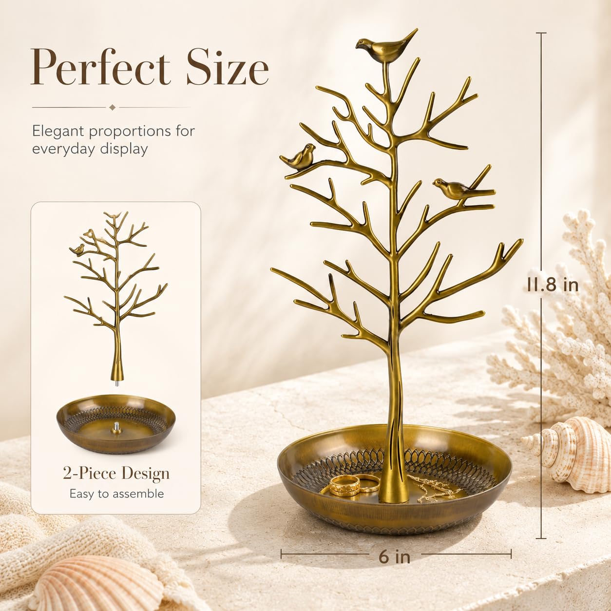 ChezMax Jewelry Display Necklace Earring Organizer Holder Metal Birds Tree Stand with Tray Antique Bracelet Rings Rack Tower Decoration for Women Girl 11.8 Inch