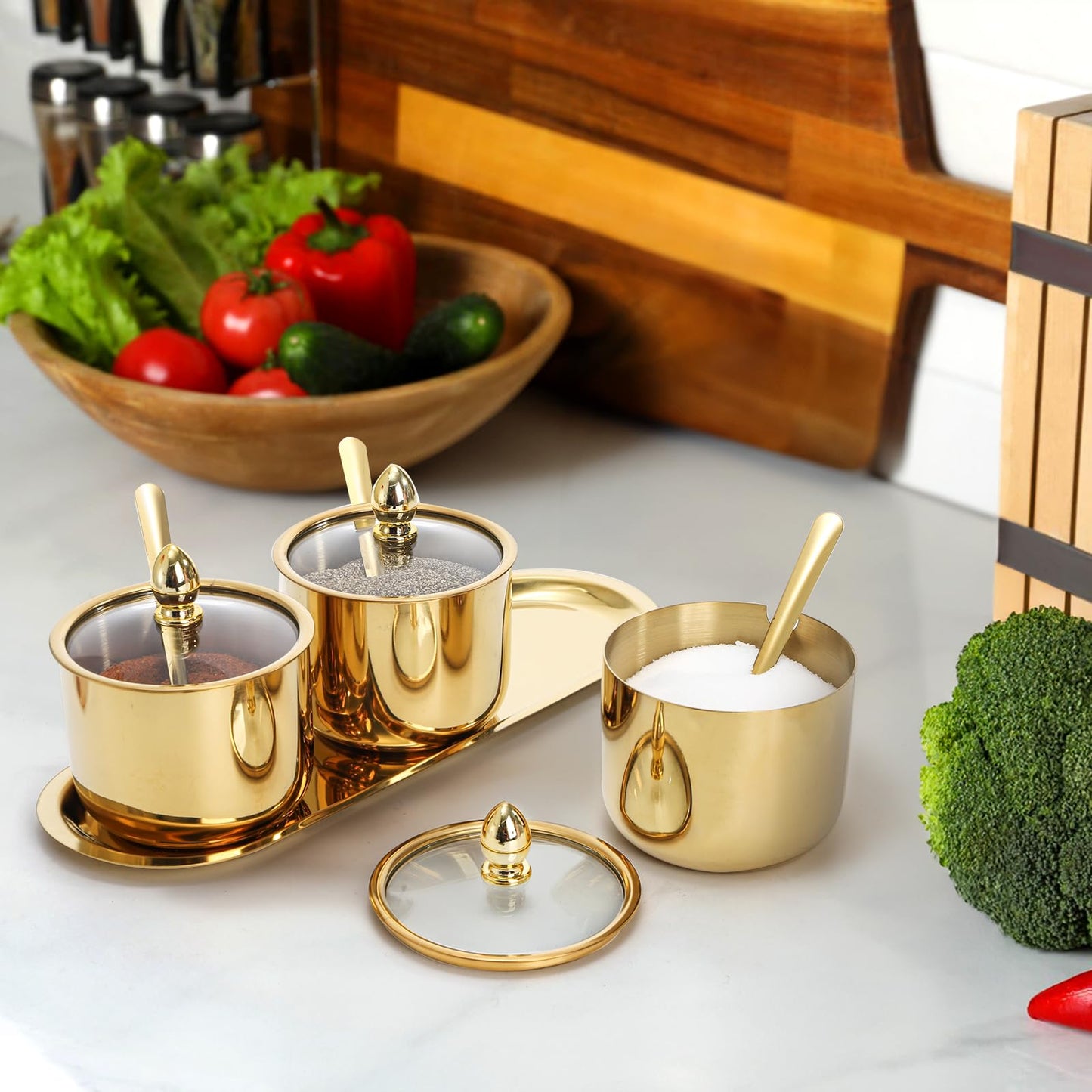 Hedume Set of 3 Grids 304 Stainless Steel Seasoning Containers with Glass Lid Spoon and Tray, 11 oz Gold Condiment Jar Spice Container, Condiment Canisters Pots for Serving Sugar, Pepper, Salt, Candy