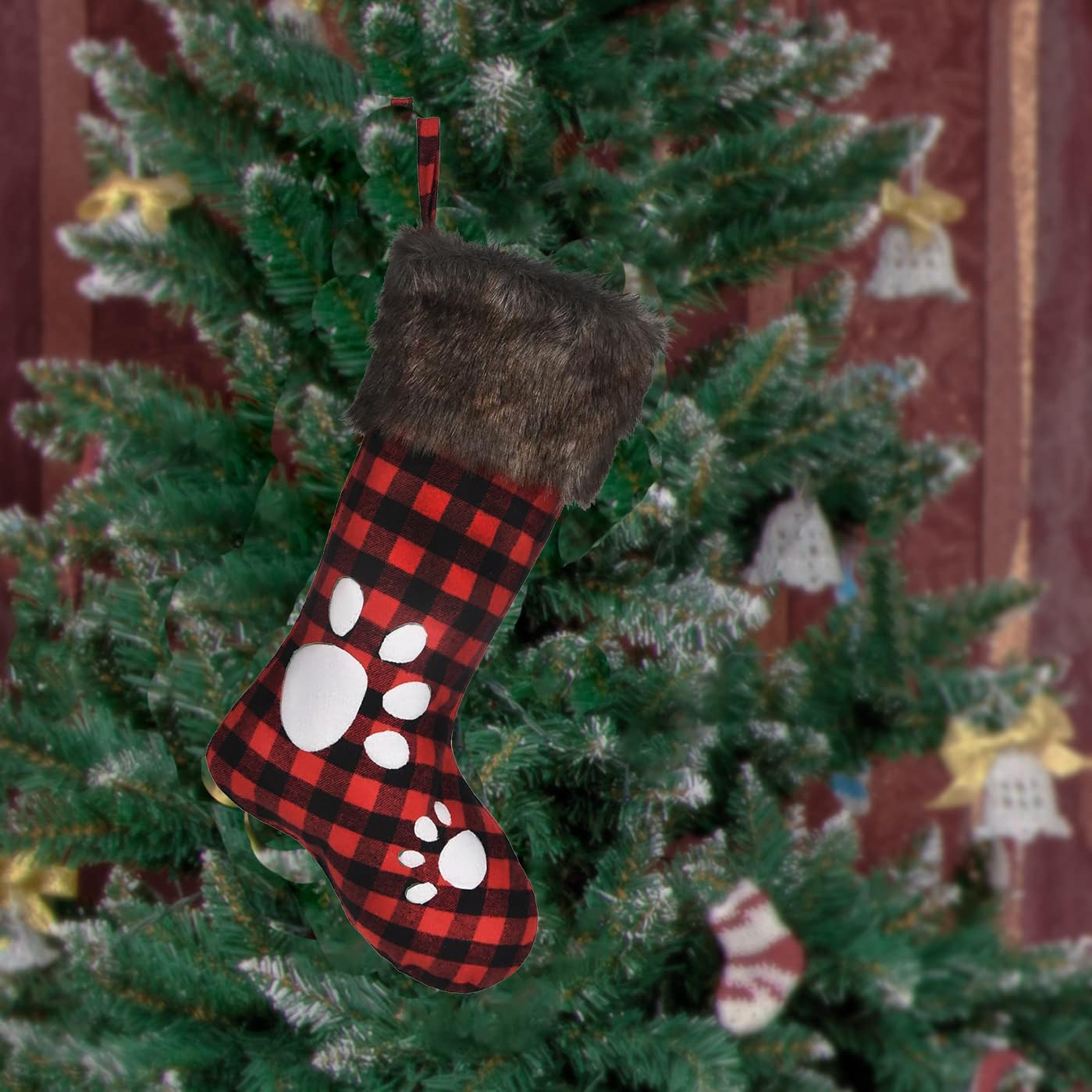 WORLDECO Christmas Stocking 2025 Ornaments, Handmade Dog Footprints Pattern Sock with Faux Fur, Xmas Winter Party Decorations Gifts, Santa Plush Decor, 20 inch, Red