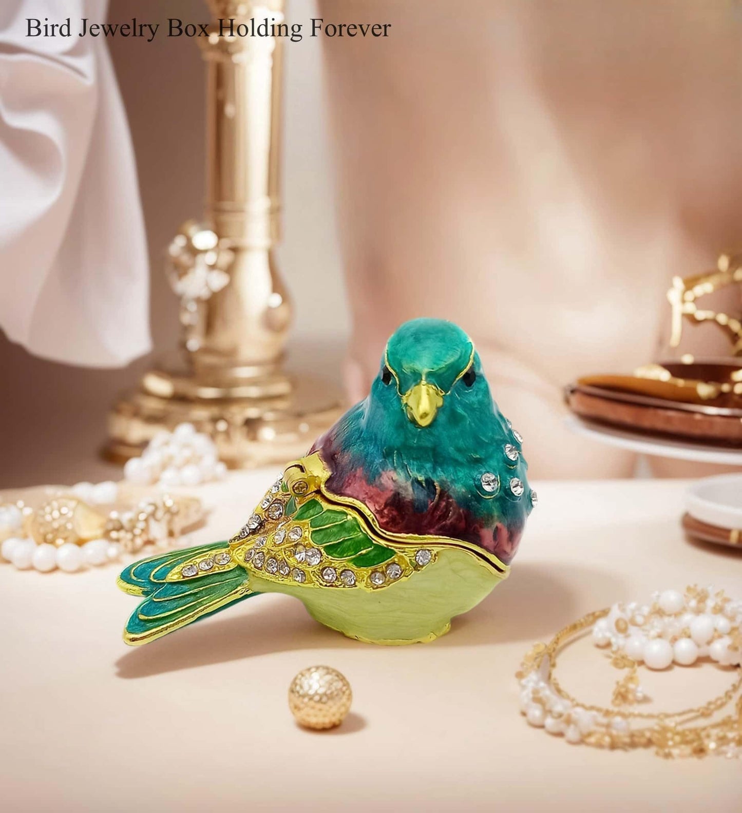 JWT Astyle Turquoise Green Bird Trinket Boxes Hinged,Bird Decor with Crystals Enamel Jewelry Box.Necklace Ring Box Earrings Storage.Collectible Birds Lover Gifts Figurines Home Decor