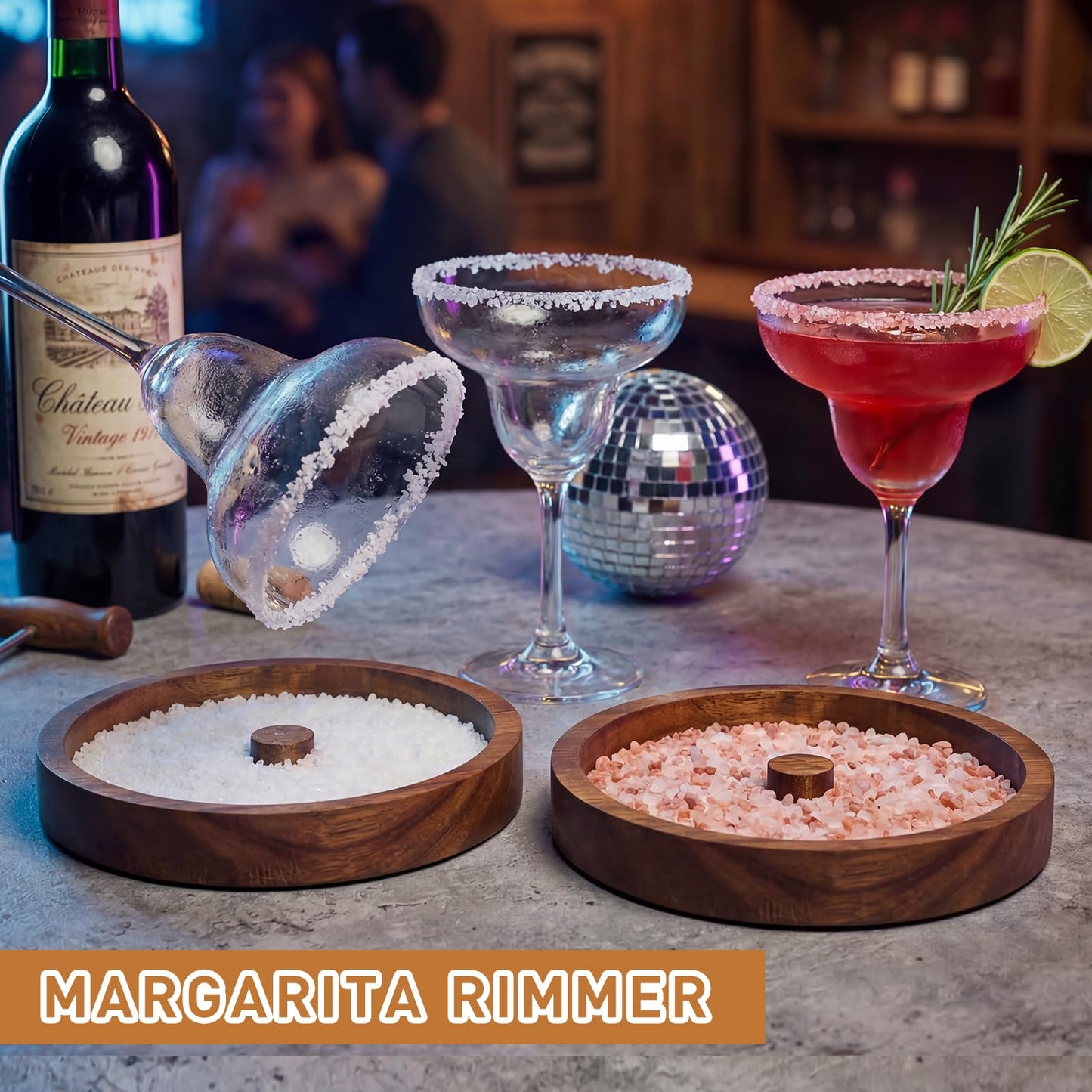 Margarita Salt Rimmer Set, 5-Tier Acacia Wood Salt Rimmer with 4 Sponges, Salt Rimmer for Cocktails, Cocktail Rimmer, Rimmers for Drinks, Glass Rimmer for Margarita Bloody Mary(Stackable Design)