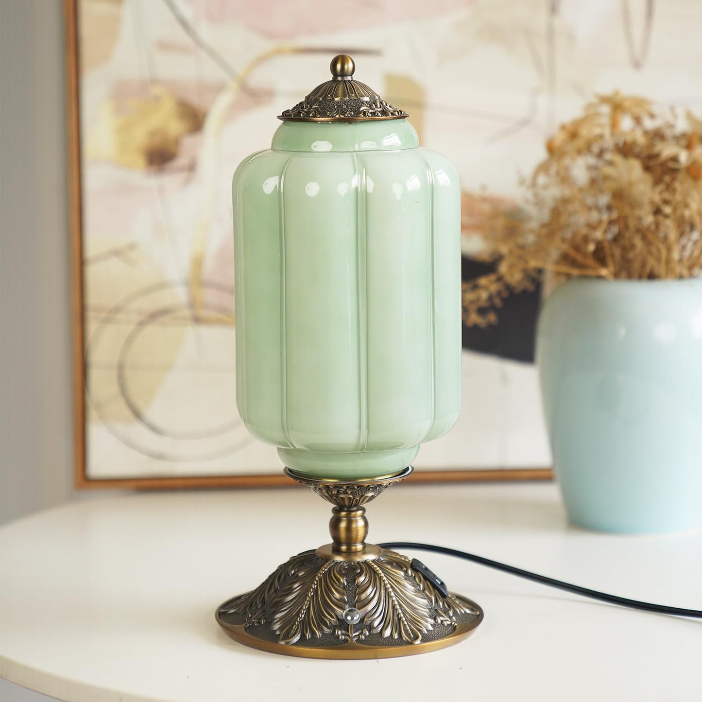 Milk Glass Touch Table Lamp, Elegant Green Jadeite Glass Bedside Desk Lamp 3 Way Dimmable with USB C+A Charging Ports - Bedroom Nightstand & Living Room Essential, 4W Bulb Included (Green, 6.5)