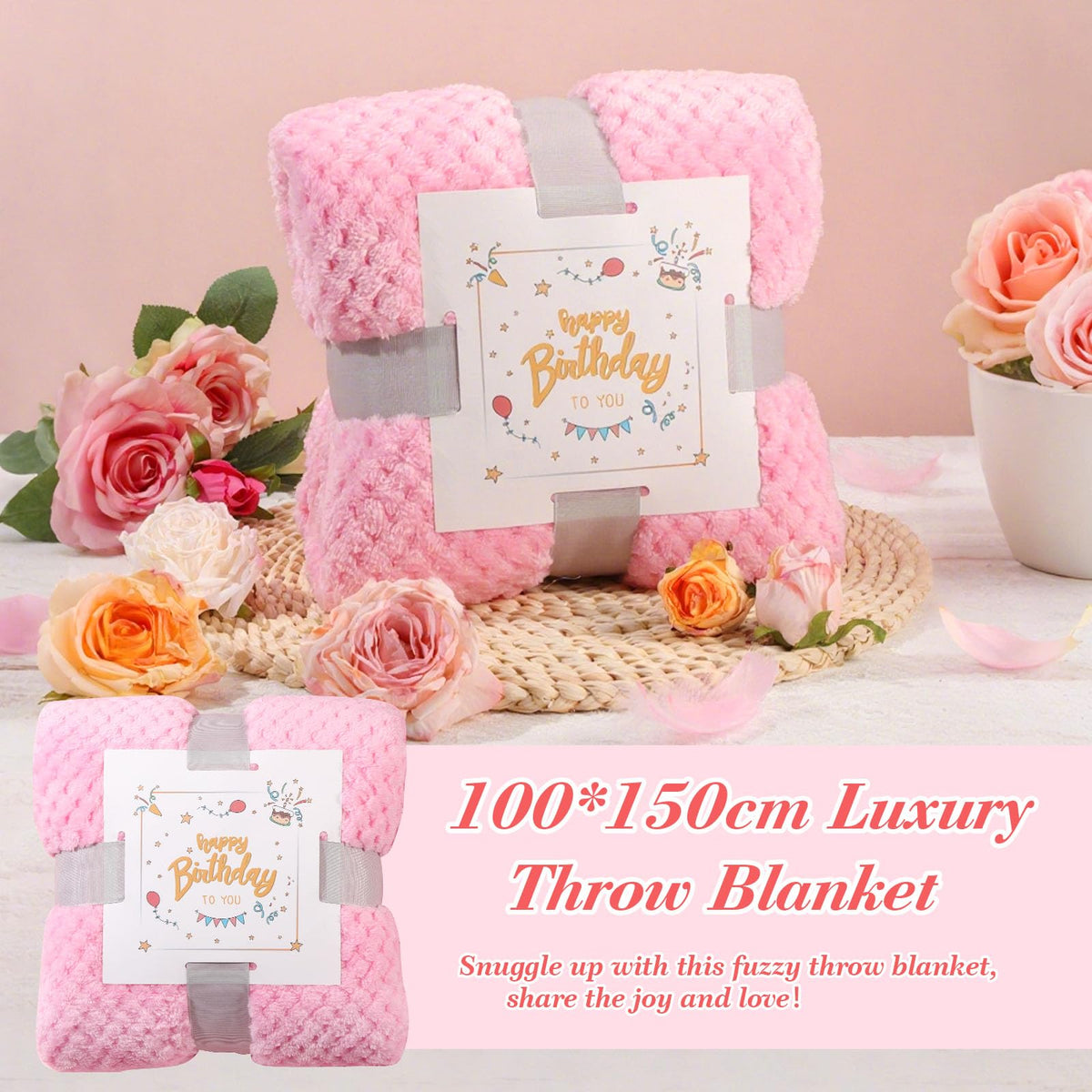 Birthday Gifts for Women Happy Birthday Gift Basket Unique Pink Birthday Gift Box for Women Relaxing Spa Self Care Gifts with Blanket for Mom Her Wife Grandma Girlfriend Coworker