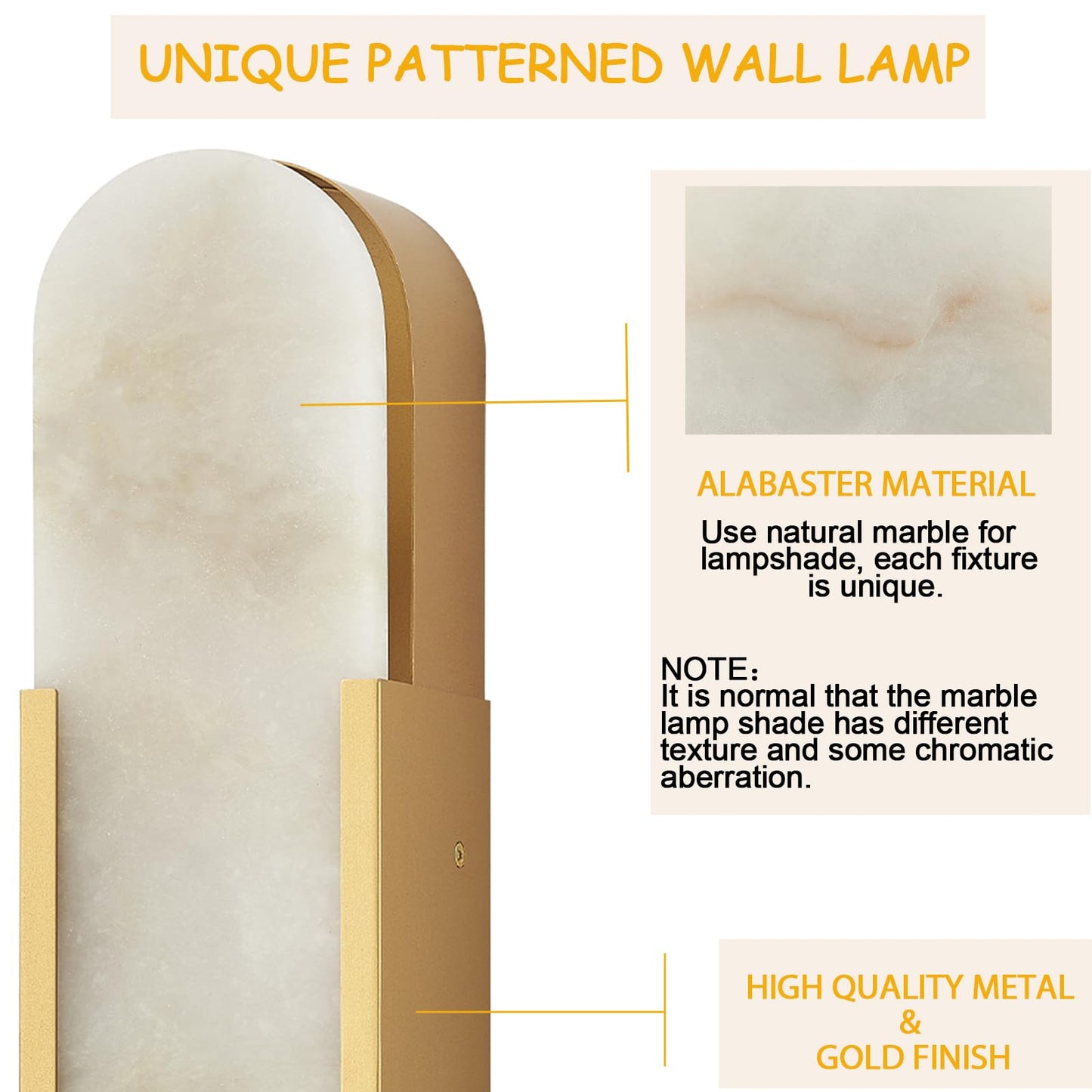 VANZARLA Modern Gold Wall Sconces for Living Room, Marble Sconce Wall Light Fixtures for Bedroom, Alabaster Sconce Lighting for Entryway Bathroom, 1 Pack