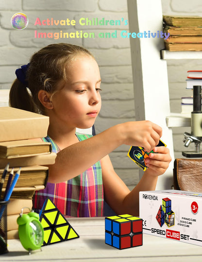 ROXENDA Speed Cube Set, 2X2 3X3 Pyramid Speed Cube Stickerless Fast Cube with Instruction (Sticker cube set)