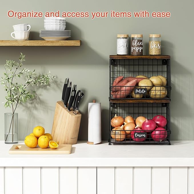 Hanging Wall Fruit Basket for Kitchen Counter 2 Pack, Stackable Wire Baskets