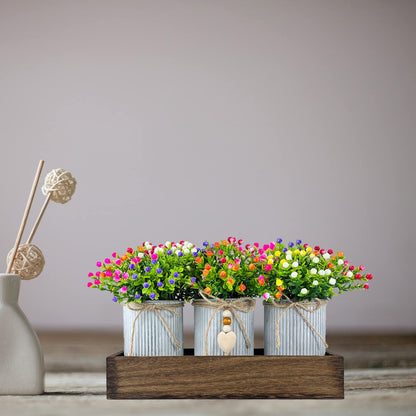 HEMYLU Table Centerpiece Decoration Artificial Flower Set with 3 Fake Milan Bouquet and Wood Tray for Desk Home Bathroom Office Décor